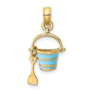 14k Yellow Gold 2-D Mini Enamel Beach Bucket Charm w Shovel Aqua Orange Green
